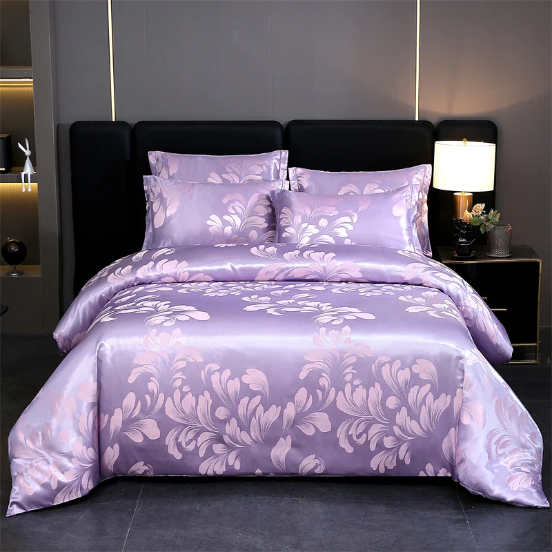 WASART Summer Satin Rayon Jacquard Duvet Cover Set 4pc Elegant Floral Luxury Bedding for Couple King Size 220x240 Cooling Fabric