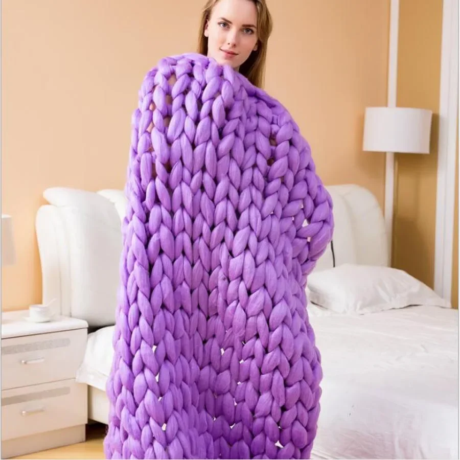 WASART Chunky merino wool blanket thick large yarn roving knitted blanket winter warm plaid throw blankets sofa bed blanket