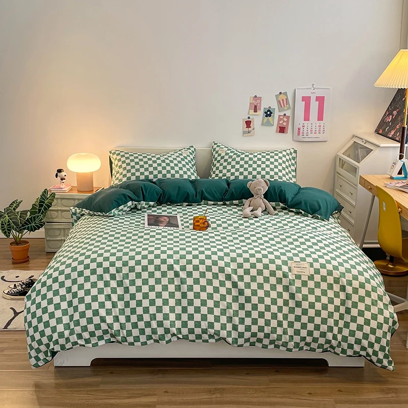 Pure Cotton Home Textile Plaid Style Bedding Set Simple Soft Duvet Cover Sheet Pillowcases Ins Style Bed Linens Queen King Size