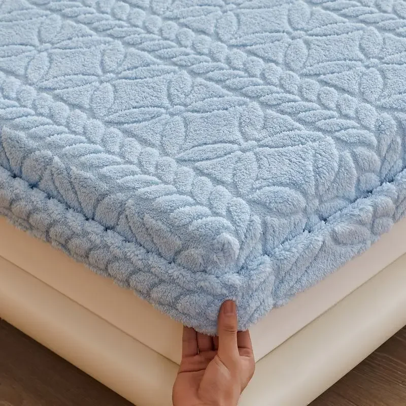 WASART Soft winter coral fleece fitted sheet elastic mattress protector cover warm plush bed linen luxury double bed king size