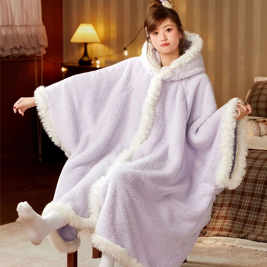 WASART Winter warm plush blanket with sleeves hooded sweater boho style wearable oversized outdoor fluffy fleece hoodie blanket