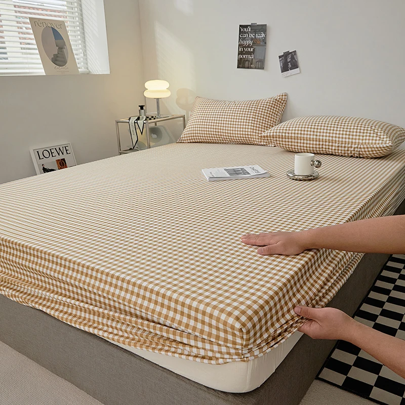 Nordic Bedspreads 100% Cotton Mattress Cover All-around Elastic Band Fitted Bed Sheet for Queen King Double Single Bed Easy Care