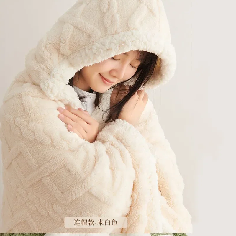 WASART Soft warm coral fleece cape blanket hooded wearable blanket winter fluffy plush outdoor flannel hoodie blanket shawl