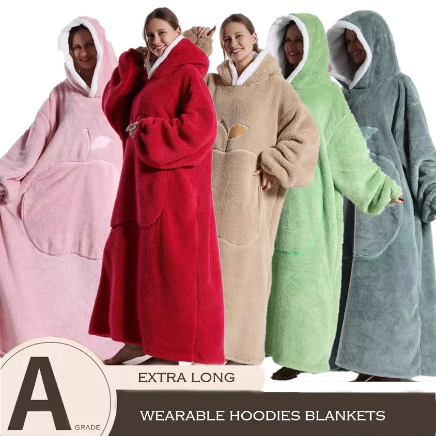 WASART Winter extra long wearable hoodies blanket adult warm pullover sweatshirt oversized fleece hooded blanket with sleeves