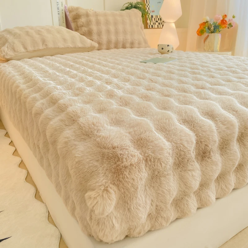 WASART Warm Winter Plush Fitted Sheet Elastic Mattress Protector Cover Fluffy Bubble Coral Fleece Bed Linens 180x200 King Size