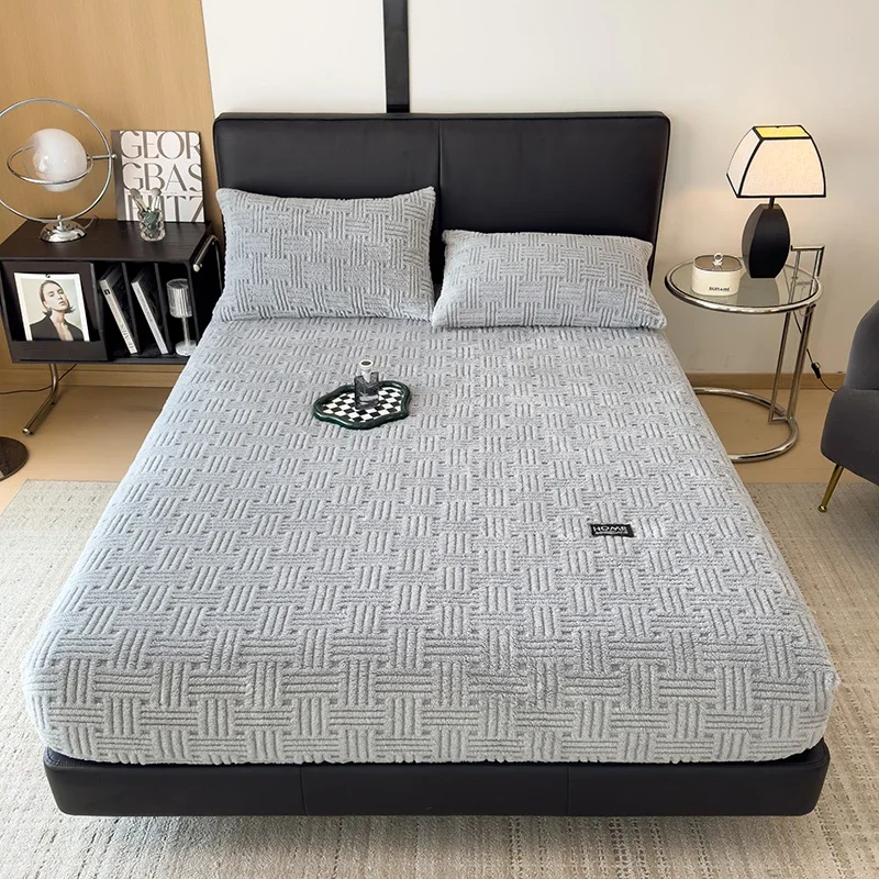 WASART Fluffy coral fleece fitted sheet elastic mattress cover warm plush bed linen couple luxury double bed bedding king size