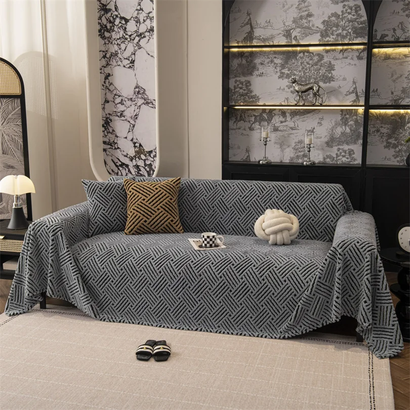 Fleece Plush Sofa Cover Cloth Thickne Anti-Slip Sofa Towel Geometric Style Couch Seat Cushion Cover Full Coverage Velvet Blanket