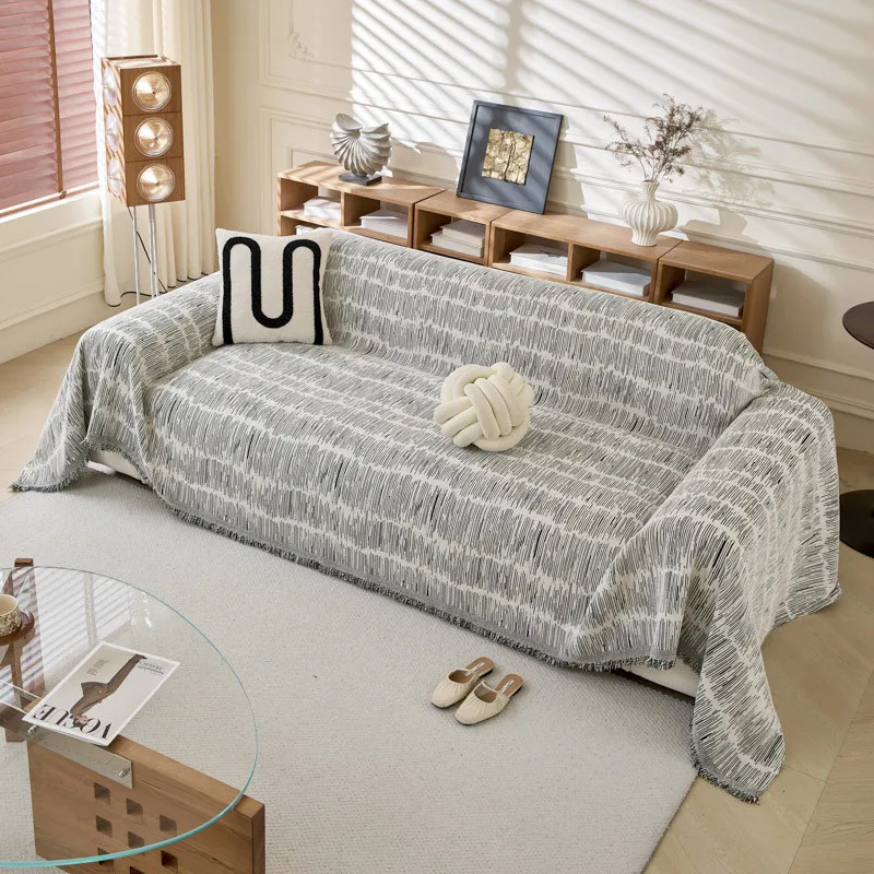 Minimalism Jacquard Chenille Sofa Towel Mat with Tassels Double Sides for Living Room Camping Travel Large Blanket Couch Cushion