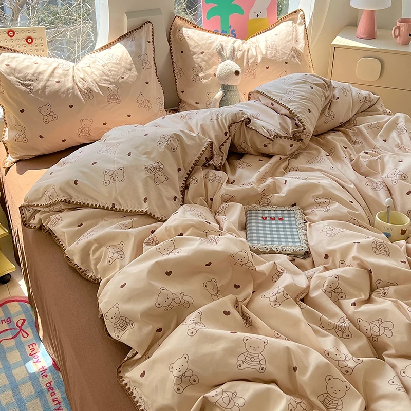 Washed Cotton Bed Linen Bedding Set Comforter Cover Pillowcase Flat/Fitted Sheet Comforter Set Single Double Bed Quilt Cover Ins