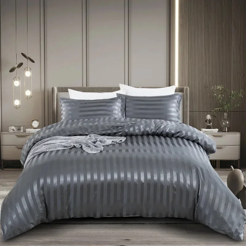 WASART Satin Stripe Ivory White Duvet Cover Luxury Bedding Set Hotel Style 220x240cm Couple Comforter set King Size Hypoallergen