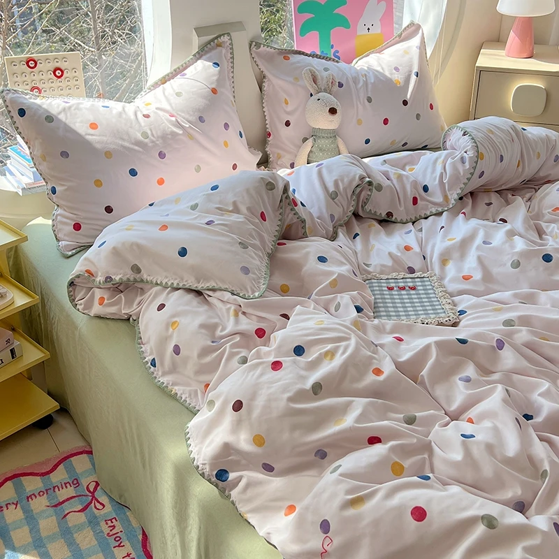 Washed Cotton Bed Linen Bedding Set Comforter Cover Pillowcase Flat/Fitted Sheet Comforter Set Single Double Bed Quilt Cover Ins