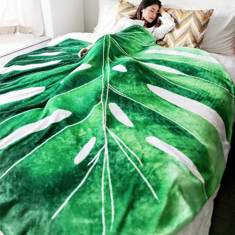 WASART Warm velvet giant leaf blanket for bed gloriosum plant printed winter fluffy fleece sofa plaid throw blanket extra large
