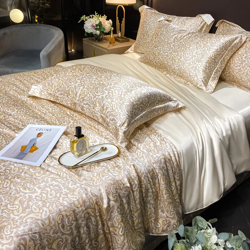 Luxury Floral Silk Bedding Set with Duvet Cover Fitted & Flat Bed Sheet Pillowcase Silky Smooth Bed Sheet Sets Twin Full Queen