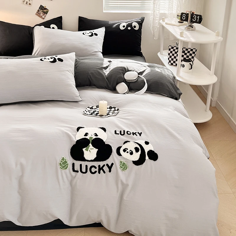 Embroidered Panda Duvet Cover Set 100% Cotton Bedding Set Flat/Fitted Sheet Quilt Cover Pillowcase Single Double Queen Size Ins