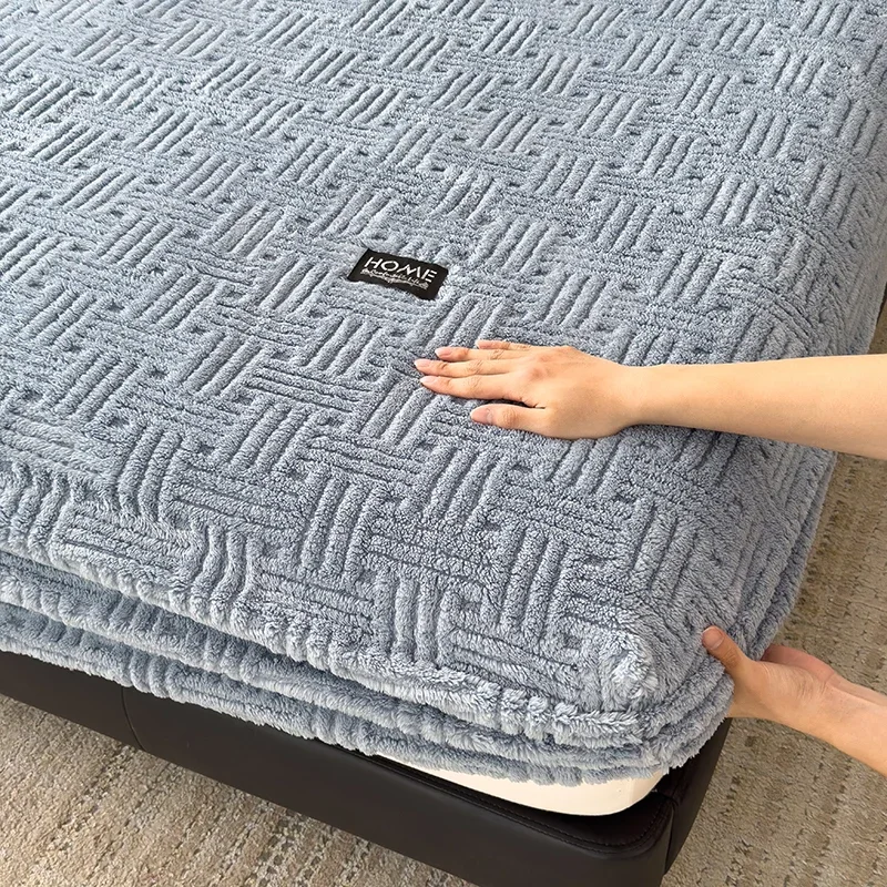 WASART Fluffy coral fleece fitted sheet elastic mattress cover warm plush bed linen couple luxury double bed bedding king size