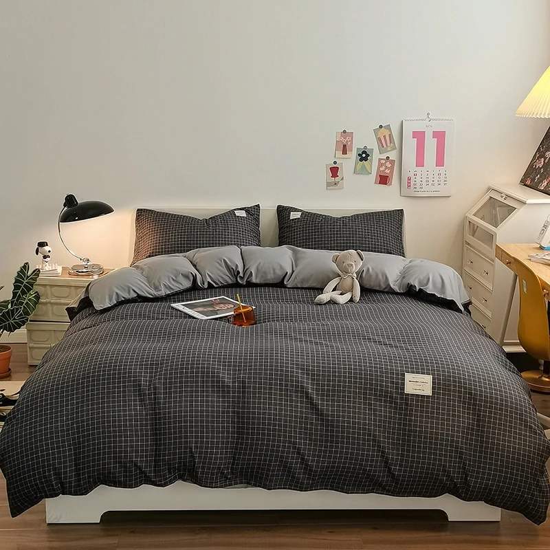 Pure Cotton Home Textile Plaid Style Bedding Set Simple Soft Duvet Cover Sheet Pillowcases Ins Style Bed Linens Queen King Size