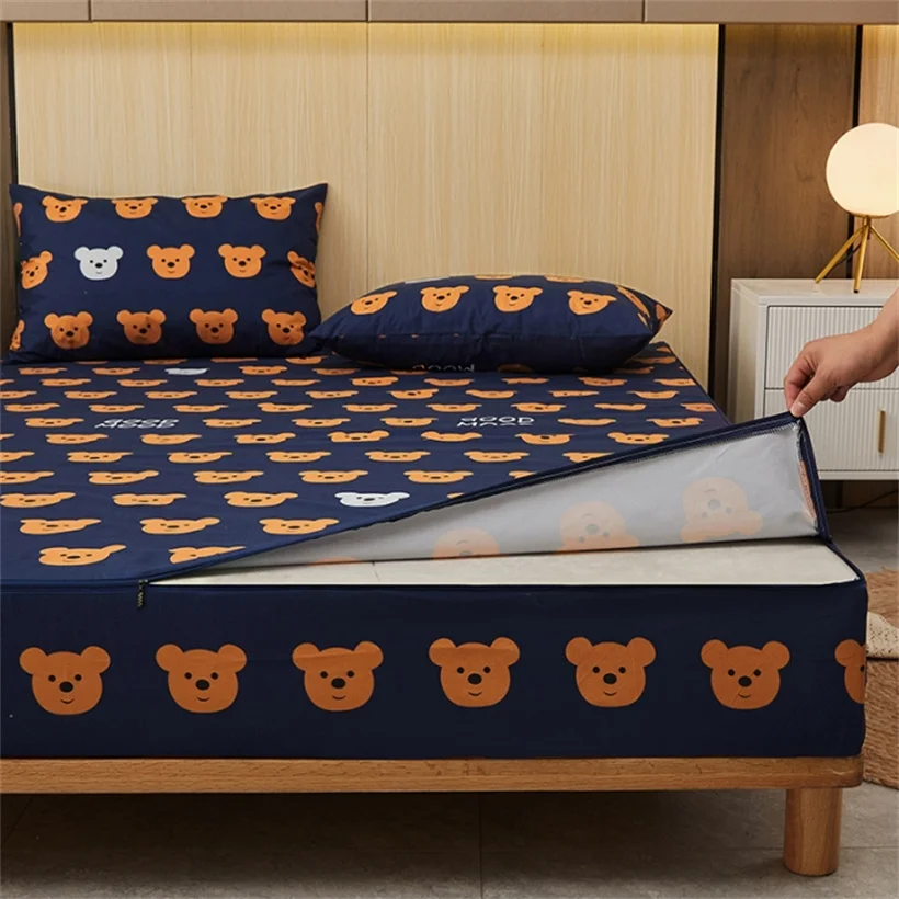 Fitted Sheet Waterproof Six-Sided With Zipper Mattress Cover Cartoon Printed Bed Cover Deep Pocket for 10/15/20/25cm Bedspreads