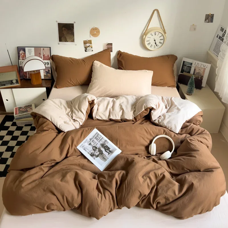 WASART Solid Color Washed Cotton 4-Piece Bedding Set Soft Durable Four Season Bed Sheets & Pillowcases for King Queen Full Size