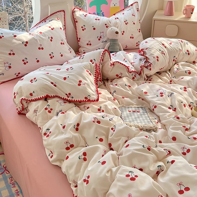 Washed Cotton Bed Linen Bedding Set Comforter Cover Pillowcase Flat/Fitted Sheet Comforter Set Single Double Bed Quilt Cover Ins