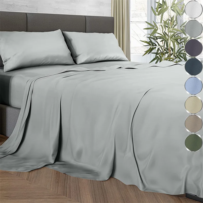 Luxury 100% Bamboo Bed Sheet Set with Fitted Sheets Flat Bedsheet Pillowcase Double Queen King Size Bedding Sets Smooth Silky