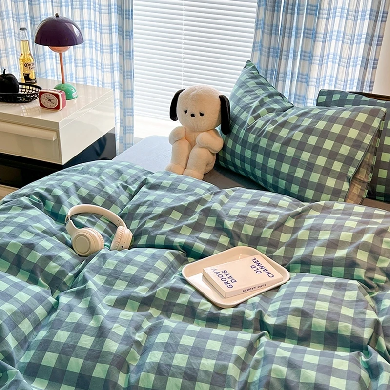 100% Cotton Soft Bedding Set Plaid Pattern Duvet Cover with Pillow Case Flatsheet Bedclothes Bedspread Pillowcases Comforter Set