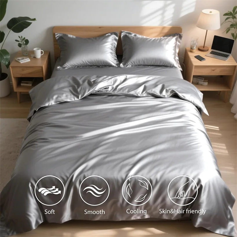 Mulberry Silk Bedding Set Twin Full Queen Size Duvet Cover Set with Quilt Cover Flat Sheet Pillowcase Luxurious Smooth Bed Sheet