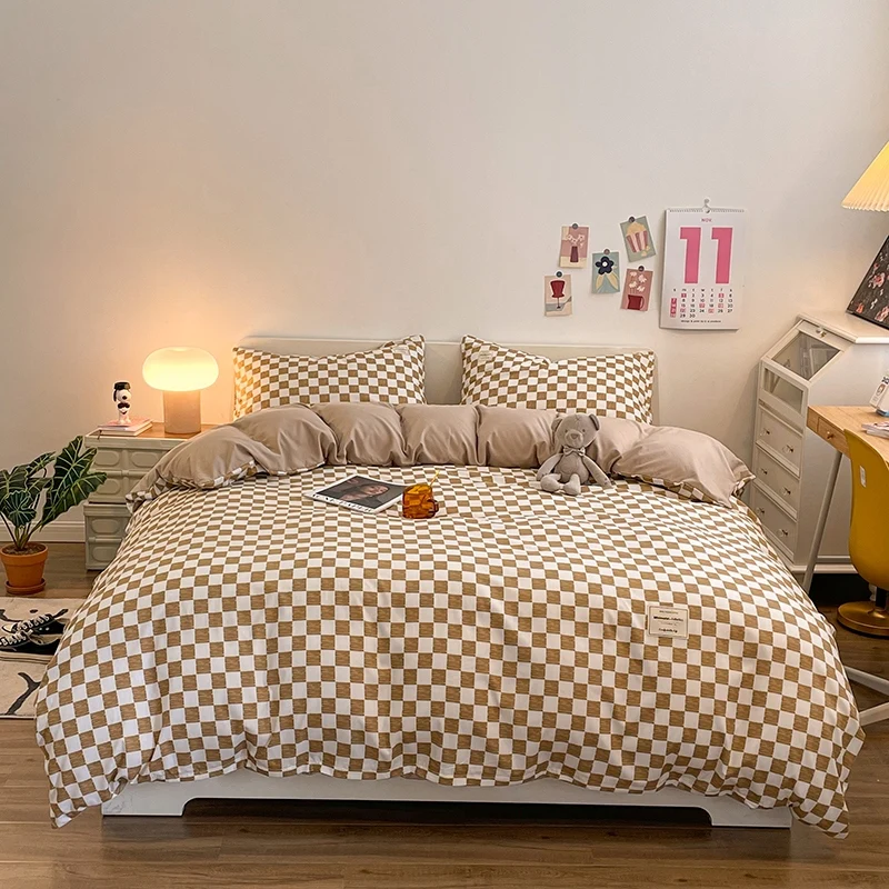 Pure Cotton Home Textile Plaid Pattern Bedding Set Simple Soft Duvet Cover Flat/Fitted Sheets Pillowcases Bed Linens Queen King