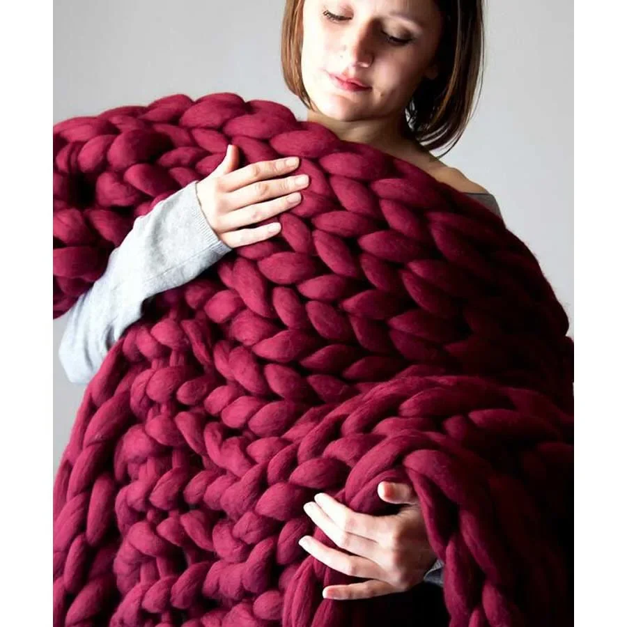 WASART Chunky merino wool blanket thick large yarn roving knitted blanket winter warm plaid throw blankets sofa bed blanket