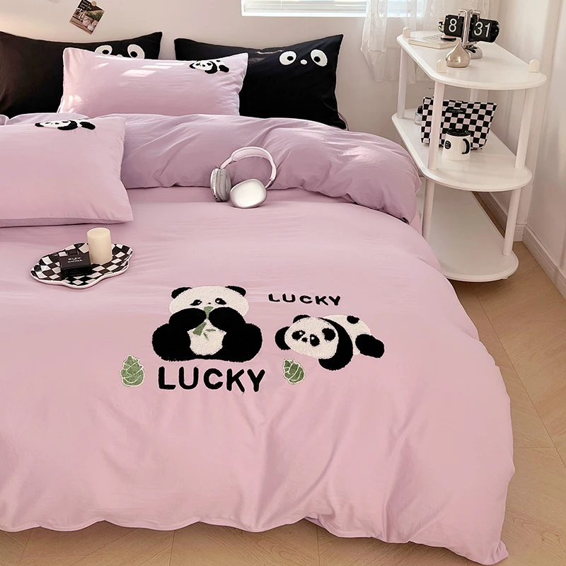 Embroidered Panda Duvet Cover Set 100% Cotton Bedding Set Flat/Fitted Sheet Quilt Cover Pillowcase Single Double Queen Size Ins