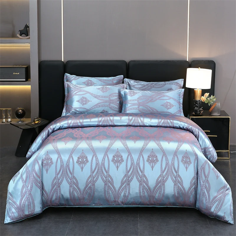 WASART Summer Satin Rayon Jacquard Duvet Cover Set 4pc Elegant Floral Luxury Bedding for Couple King Size 220x240 Cooling Fabric