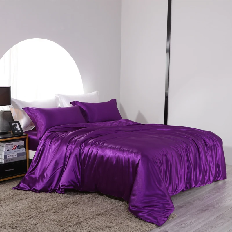 Blend Mulberry Silk Luxury Bedding Set Fitted & Flat Sheet Silky Duvet Cover Pillowcase for Home Hotel Premium Queen King Size