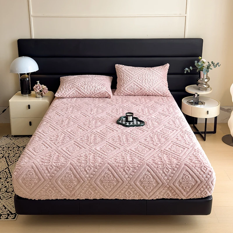 Jacauard Thick Warm Coral Plush Mattress Cover High Qulaity Abti-Slip Breathable Fitted Bed Sheet Single Double Queen King Size