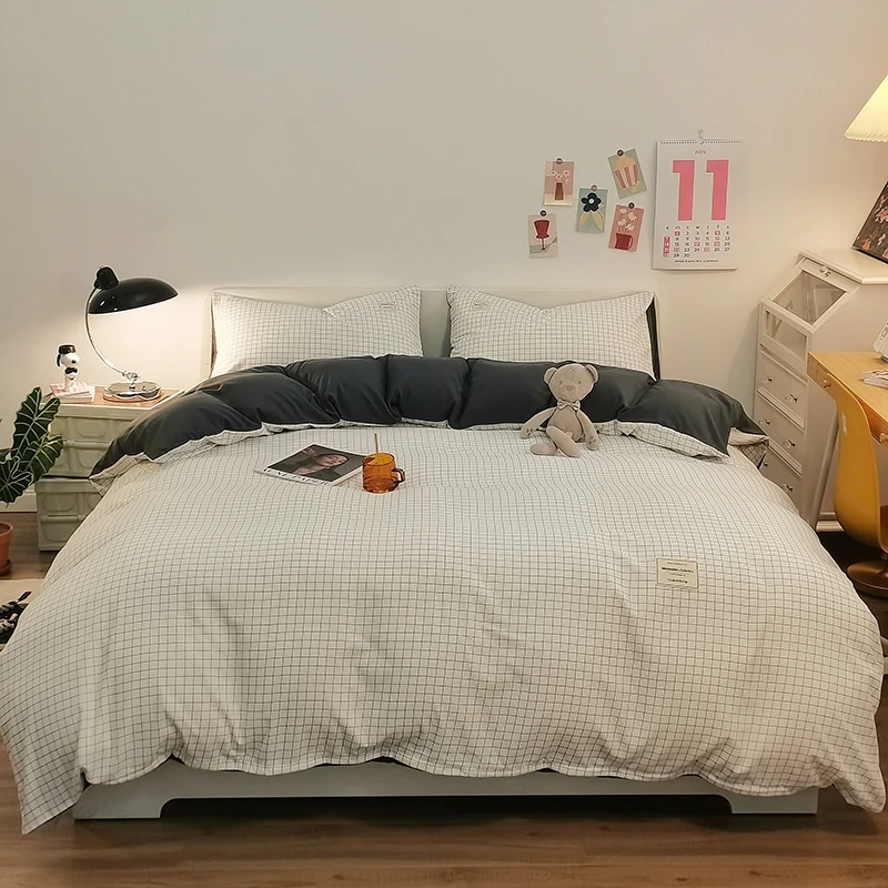 Pure Cotton Home Textile Plaid Style Bedding Set Simple Soft Duvet Cover Sheet Pillowcases Ins Style Bed Linens Queen King Size