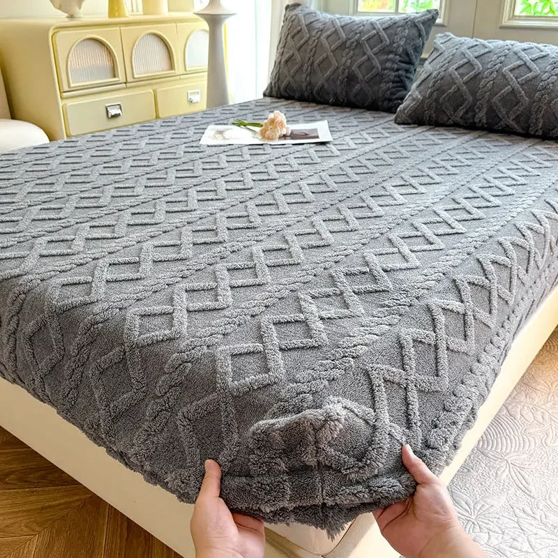 WASART Fluffy plush fitted sheet elastic mattress protector cover warm winter bed linen couple double bed bedding king size