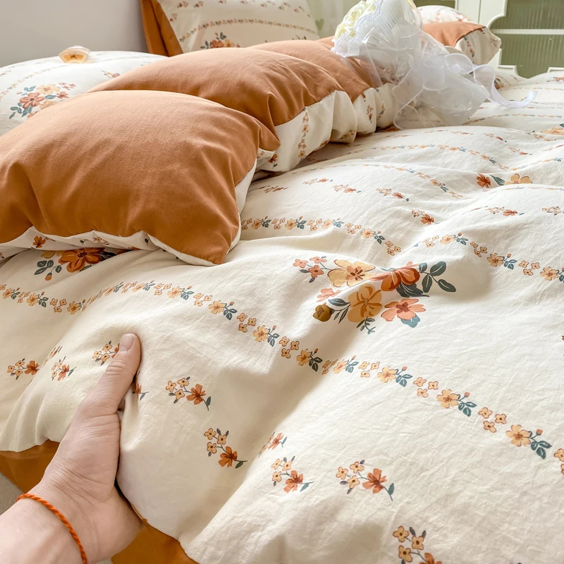 Korean Retro Floral Bedding Set 100% Washed Cotton Bed Sheets Set Soft Duvet Cover Bed Linen Pillowcase Single Double Queen King