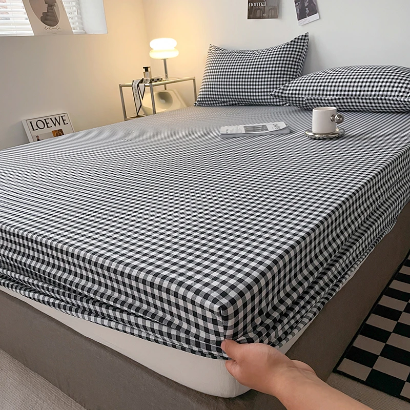 Nordic Bedspreads 100% Cotton Mattress Cover All-around Elastic Band Fitted Bed Sheet for Queen King Double Single Bed Easy Care