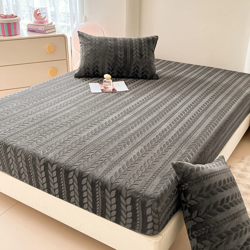 WASART Winter coral fleece jacquard fitted sheet elastic mattress protector cover warm fluffy plush bed linens 150x200 king size