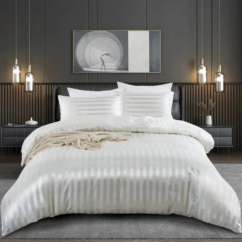 WASART Satin Stripe Ivory White Duvet Cover Luxury Bedding Set Hotel Style 220x240cm Couple Comforter set King Size Hypoallergen