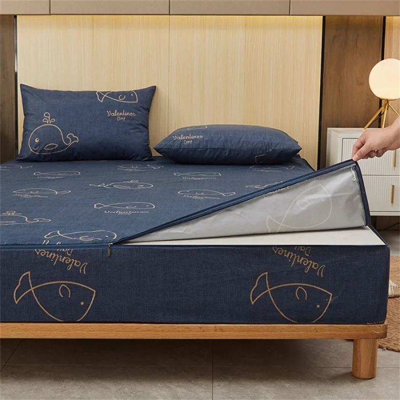 Fitted Sheet Waterproof Six-Sided With Zipper Mattress Cover Cartoon Printed Bed Cover Deep Pocket for 10/15/20/25cm Bedspreads
