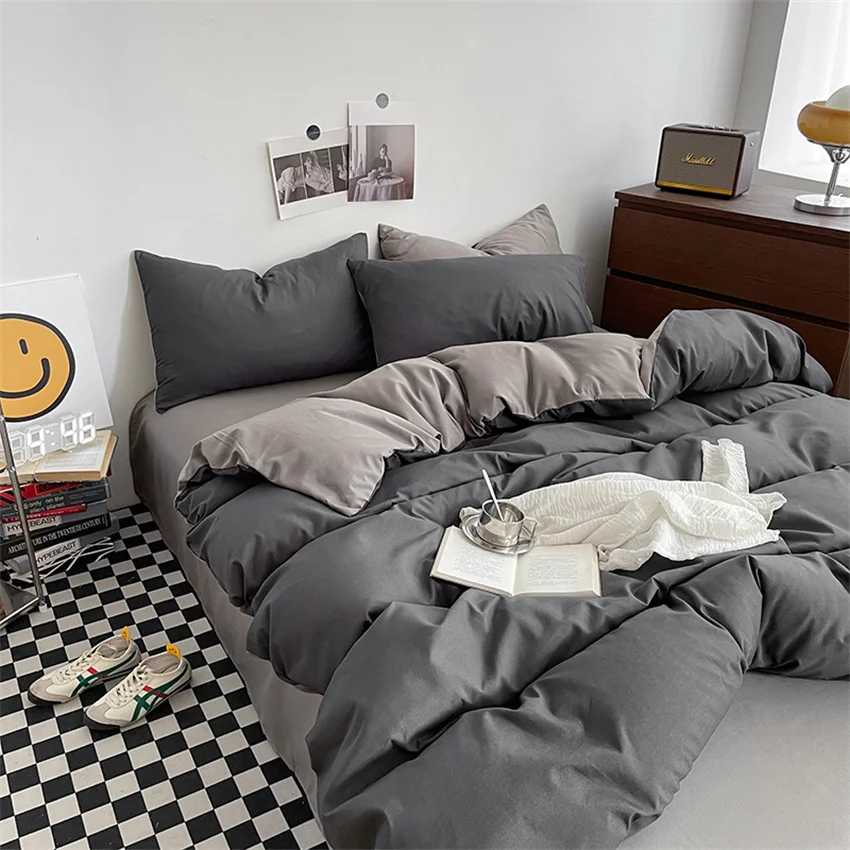 Ins Style Bedding Set Washed Cotton Duvet Cover Pillowcase Solid Color Soft Comforer Quilt Cover Bedspreads Bed Linen Flat Sheet